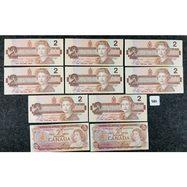 LOT OF 10 - 1986 CDN $2 BANKNOTES - INCL CONSECUTIVE & UNCIRCULATED