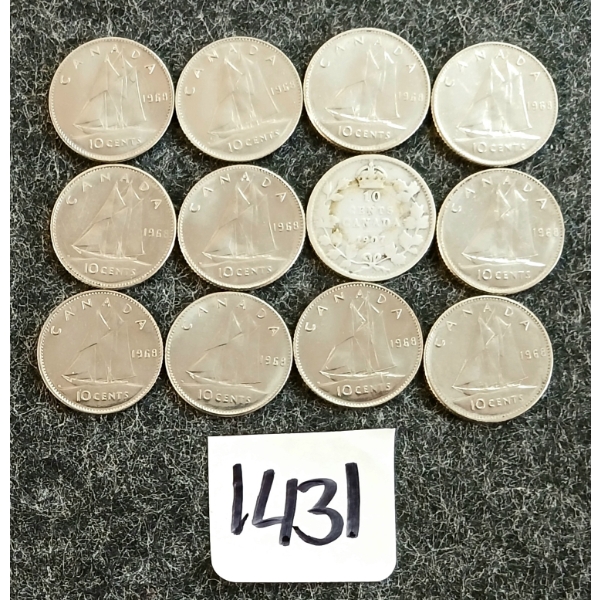 LOT OF 12 - 1907-1968 CDN 10 CENT COINS
