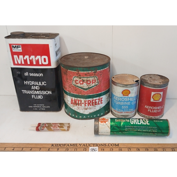 LOT OF 7 - B/A HANDY OILERS, CO-OP ANTIFREEZE, MASEY FERGUSON TRANS FLUID, AEROSHELL CANS, ETC
