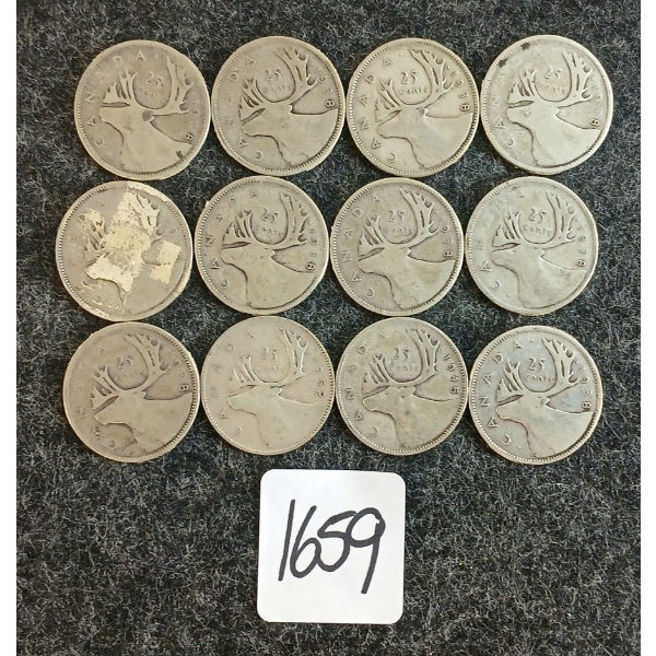 LOT OF 12 - 1938-1952 CDN 25 CENT COINS 