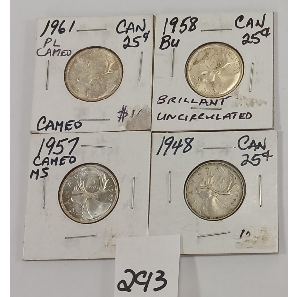 LOT OF 4 - CDN 25 CENT SILVER PCS - INCL 1948, 1957, 1958 & 1961