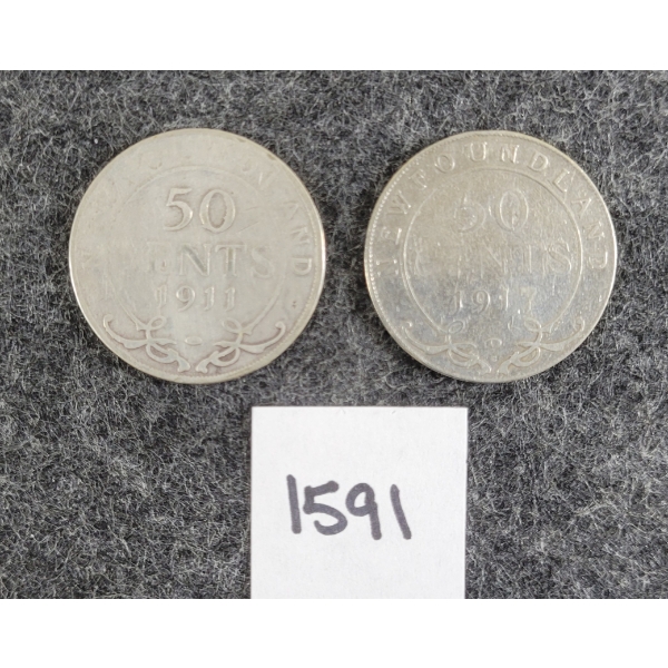 LOT OF 2 - 1911 & 1917 NEWFOUNDLAND 50 CENT SILVER COINS