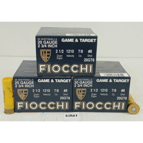 AMMO: 75 X FIOCCHI 20GA 2 3/4IN - 8 SHOT
