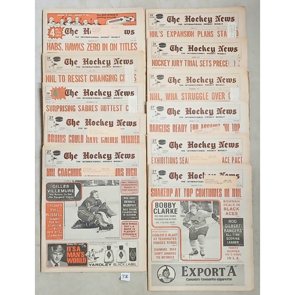 LOT OF 11 - 1973-1975 "THE HOCKEY NEWS" NEWSPAPERS - "HABS, HAWKS ZERO IN ON TITTLES"