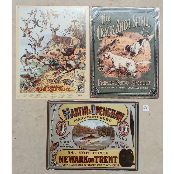 LOT OF 3 - MARTIN & OPENSHAW, REMINGTON & CRACK SHOTSHELL CO. - SST SIGNS