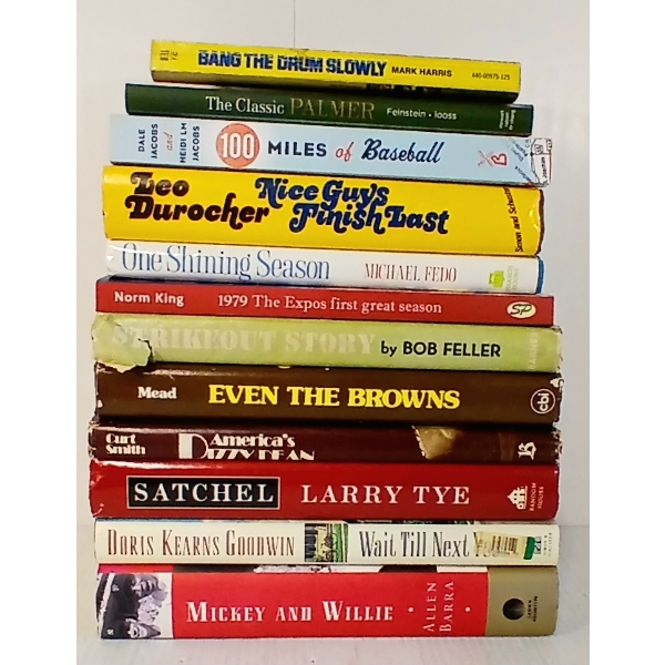 LOT OF 12 - BASEBALL BOOKS - "SATCHEL", "BANG THE DRUM SLOWLY", "100 MILES OF BASEBALL", ETC