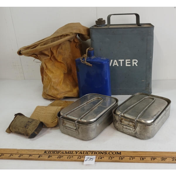 JOB LOT - WWII CDN & BRITISH WATER JUG, CANTEEN, MESS TINS, FIELD DRESSINGS & CANVAS BUCKET