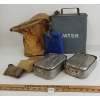 Image 1 : JOB LOT - WWII CDN & BRITISH WATER JUG, CANTEEN, MESS TINS, FIELD DRESSINGS & CANVAS BUCKET