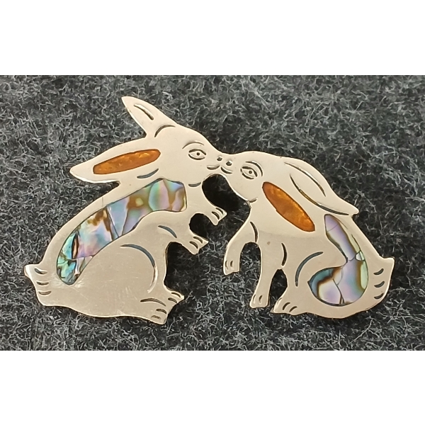 KISSING BUNNIES BROOCH - ALPACA SILVER & ABALONE SHELL