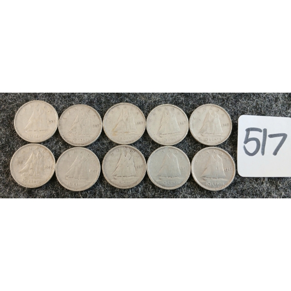 LOT OF 10 - 1947 CDN 10 CENT COINS