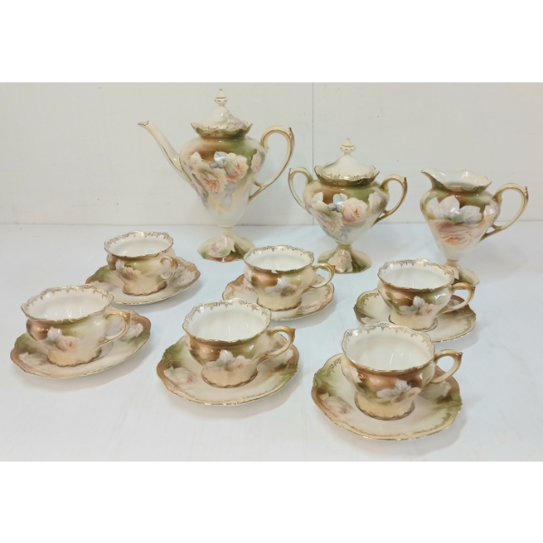 LOT OF 15 - R.S. PRUSSIA ROSE PATTERN PORCELAIN PCS - TEACUPS, SAUCERS, TEAPOT, ETC