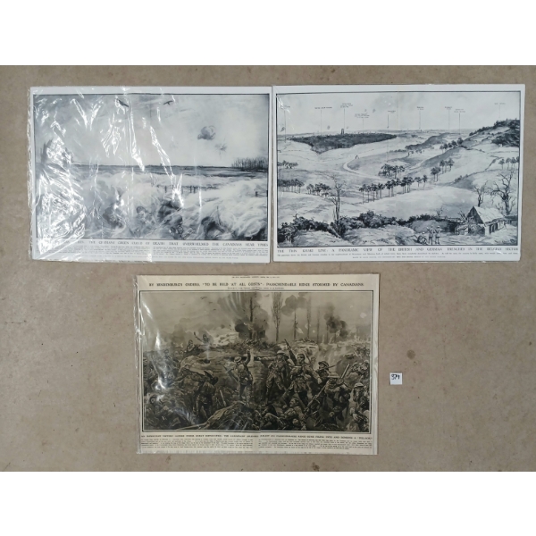 LOT OF 3 - ILLUSTRATIONS - INCL "PASSCHENDALE RIDGE STORMED BY CANADA", "FIGHTING BY GAS", ETC