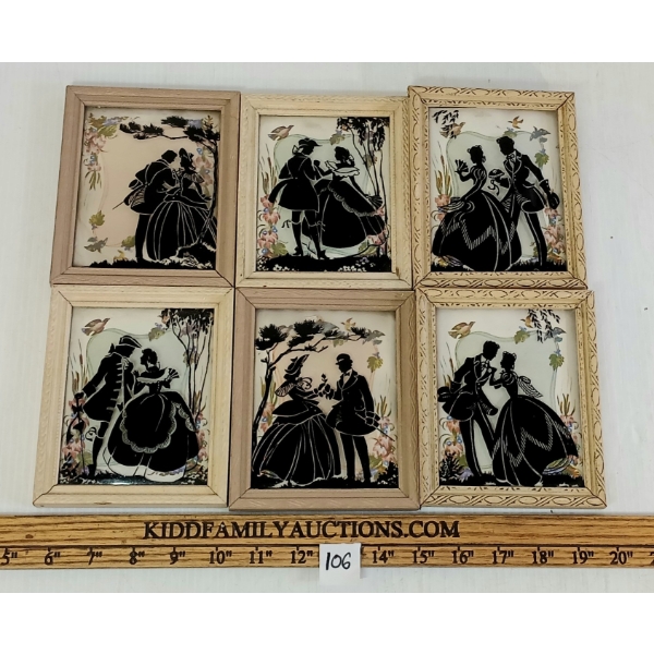 LOT OF 6 - REVERSE PAINTED COUPLE'S SILHOUETTES - FRAMED BUBBLE GLASS