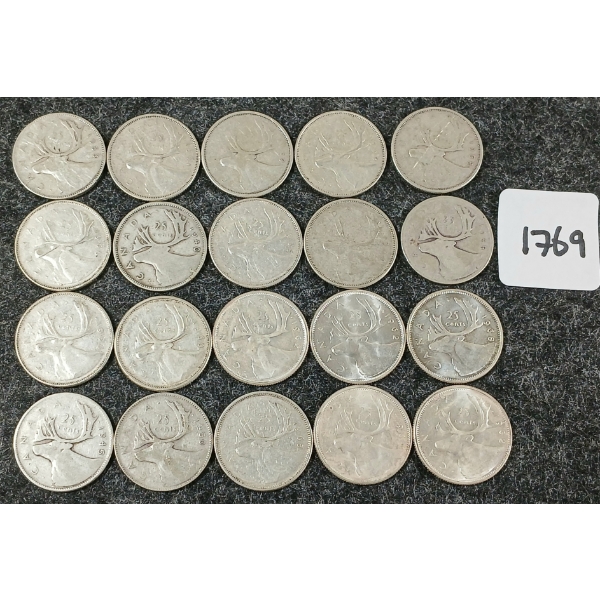 LOT OF 20 - 1940-1968 CDN SILVER 25 CENT COINS