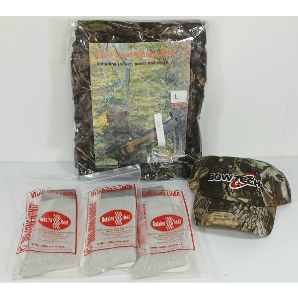 LOT OF 5 - TREE LEAF CAMO GHILLIE SUIT, BOWTECH HAT & MYLAR SOCK LINERS