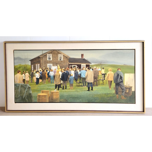 AUCTION SCENE BY PAYNE (EAST COAST CDN ARTIST) - FRAMED ACRYLIC ON BOARD