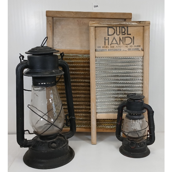 LOT OF 4 - LANTERNS & WASHBOARDS - INCL COMET, E.T. WRIGHT, COLUMBUS & WORTH