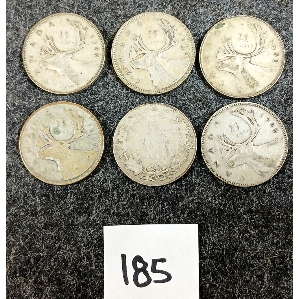 LOT OF 6 - CDN 25 CENT SILVER COINS - PRE 1967