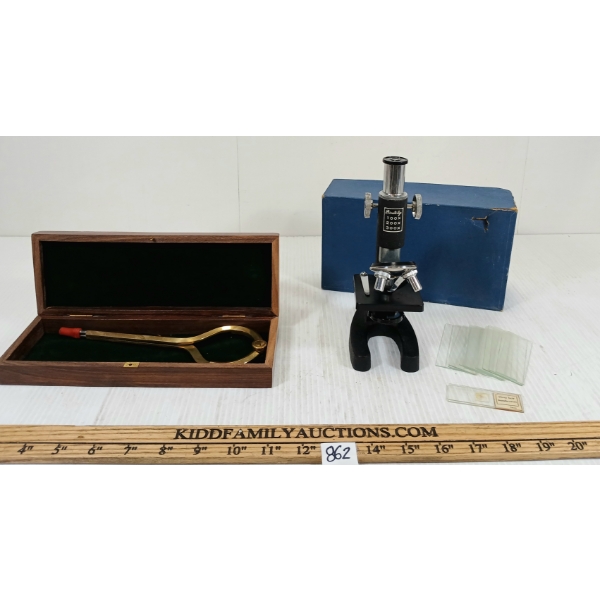LOT OF 2 - PRIVATE EYE MICROSCOPE & BRASS NAUTICAL MAPPING COMPASS W/ CASE