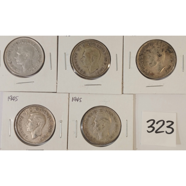 LOT OF 5 - 1945 CDN SILVER HALF DOLLARS