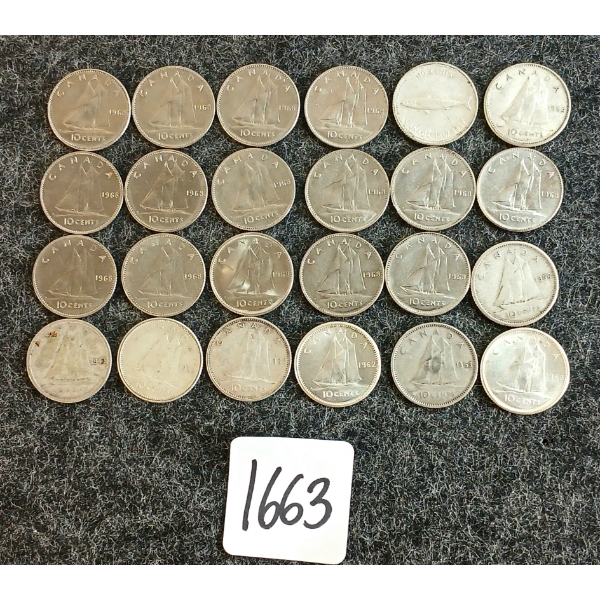 LOT OF 24 - 1943-1968 CDN 10 CENT COINS 