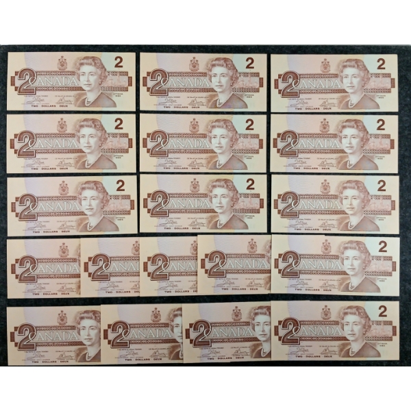 LOT OF 18 - 1986 CDN $2 BANKNOTES
