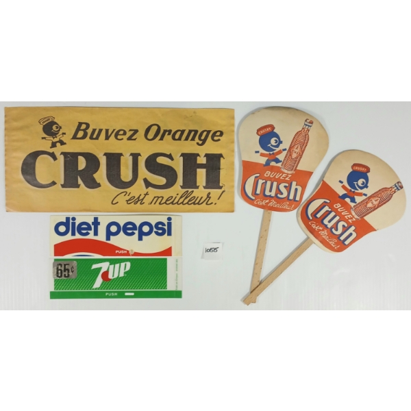 LOT OF 5 - ORANGE CRUSH PAPER FANS, HAT & DIET PEPSI / 7UP VENDING MACHINE BUTTON INSERTS