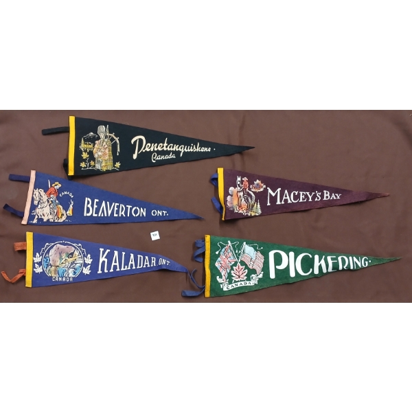 LOT OF 5 - PENNANT BANNERS - INCL BEAVERTON, KALADAR, PICKERING, ETC 