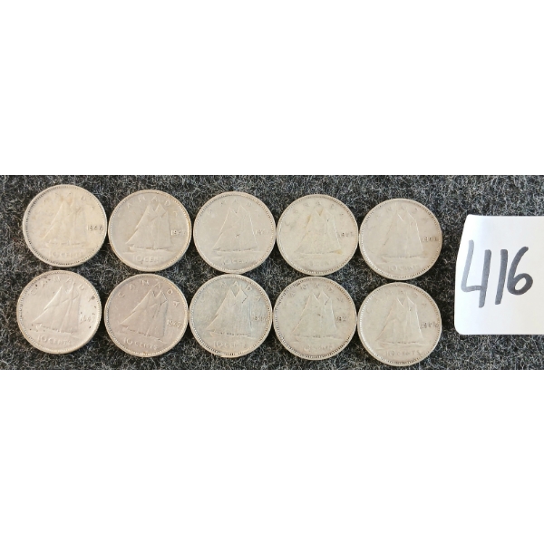 LOT OF 10 - 1947 CDN 10 CENT COINS