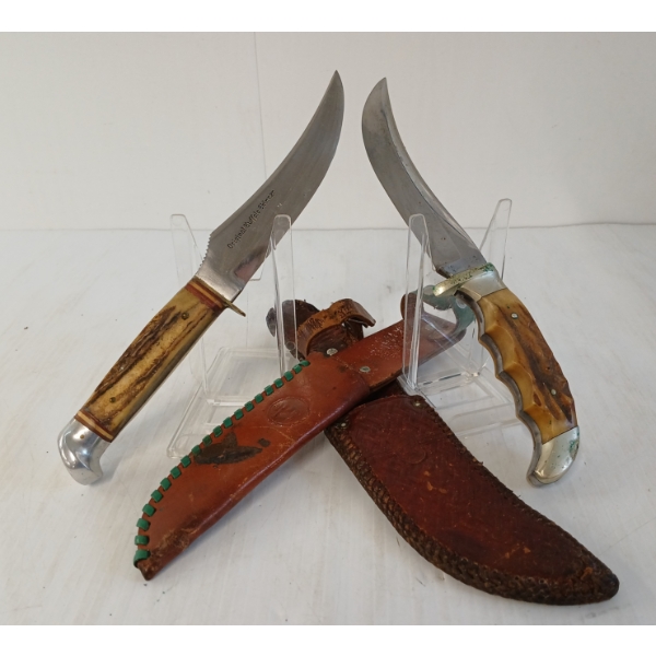 LOT OF 2 - ANTLER HANDLE SKINNER KNIVES W/ SHEATHS