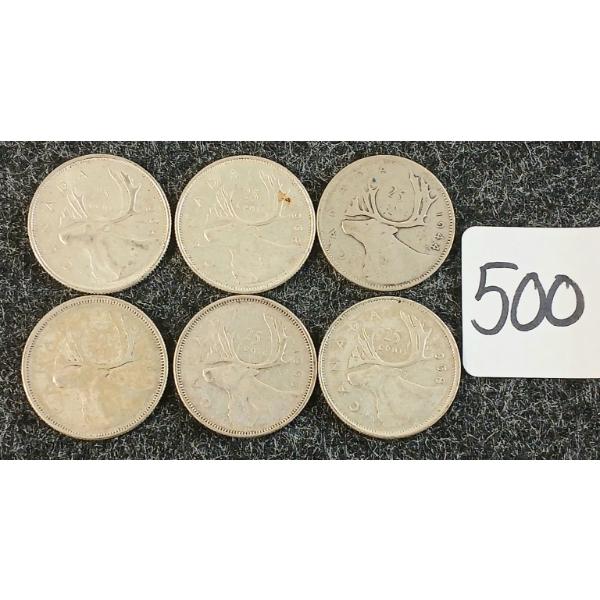 LOT OF 6 - 1944-1968 CDN 25 CENT COINS