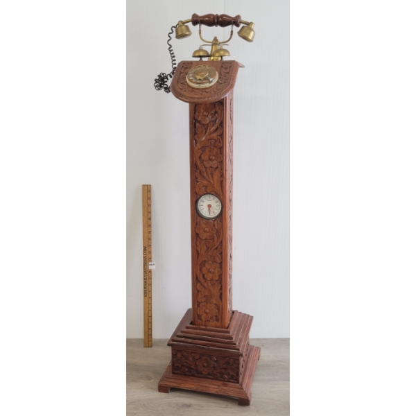 MAHARAJA STYLE CARVED TELEPHONE STAND W/ EMBEDDED CLOCK