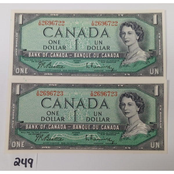 LOT OF 2 - 1954 CDN $1 UNCIRCULATED BANKNOTES - SEQUENTIAL
