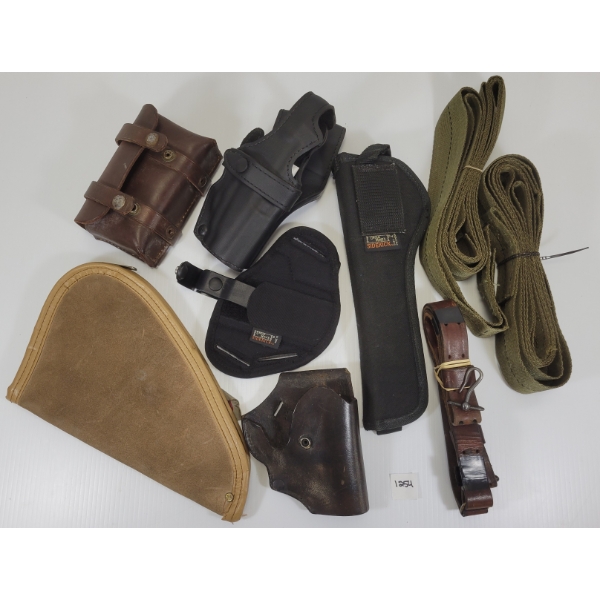 LOT OF 9 - LEATHER HOLSTERS, AMMO POUCH & BELTS