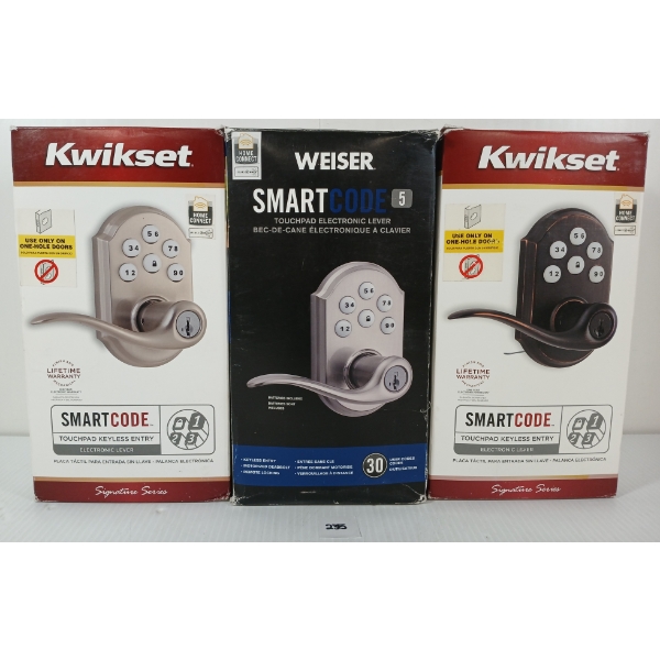 LOT OF 3 - KWIKSET & WEISER SMART CODE TOUCHPAD ELECTRONIC LEVERS - AS NEW