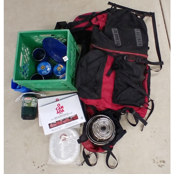 JOB LOT - CAMPING GEAR - PROPANE CYLINDERS, CAMP STOVE, 5L WATER CARRIER, ENAMEL DISHES, ETC