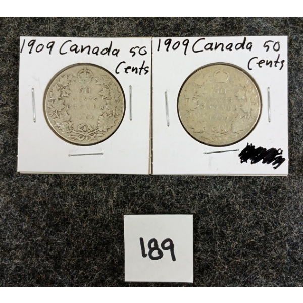 LOT OF 2 - 1909 CDN 50 SILVER COINS