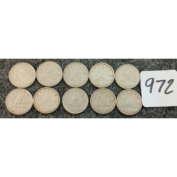 LOT OF 10 - 1951-1968 CDN 10 CENT COINS