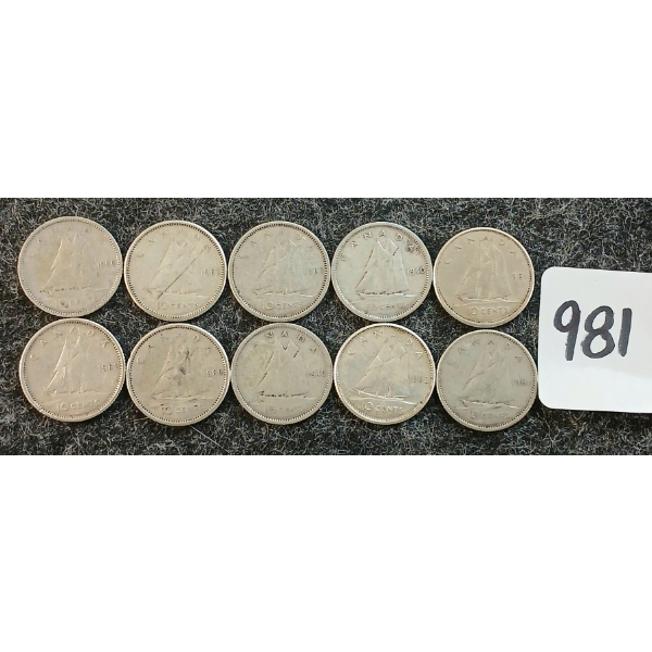 LOT OF 10 - 1940-1962 CDN 10 CENT COINS