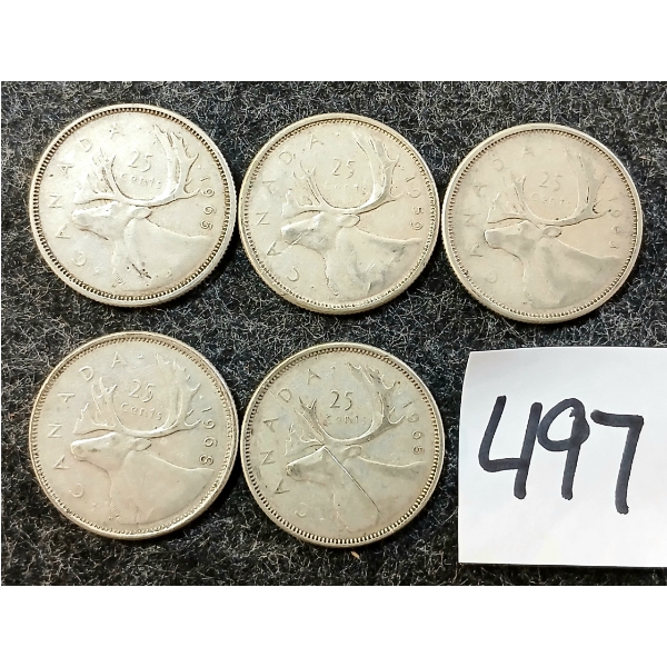 LOT OF 5 - 1959-1968 CDN 25 CENT SILVER COINS