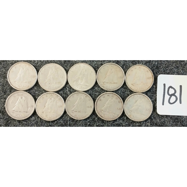 LOT OF 10 - 1942-1966 CDN 10 CENT COINS