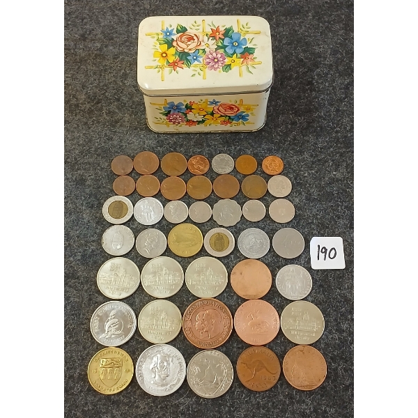 JOB LOT - WORLD COINS & TOKENS W/ FLORAL TIN