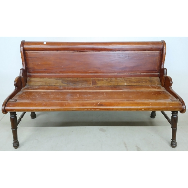 CONVERTED CHURCH PEW W/ EMBLEMS - BRASS & MAHOGANY - C. 19TH CENTURY