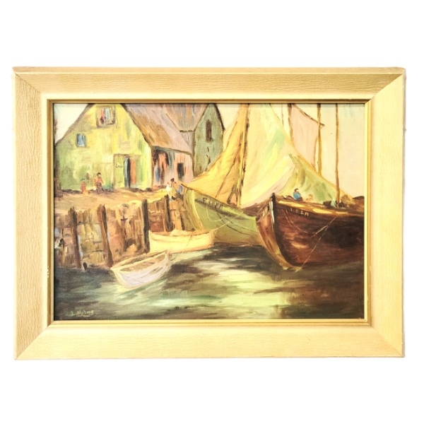 PORT SCENE BY LAURA MILNE - FRAMED OIL ON CANVAS BOARD