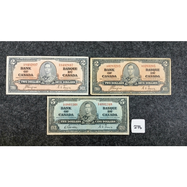 LOT OF 3 - 1937 CDN $2 & 5 BANKNOTES