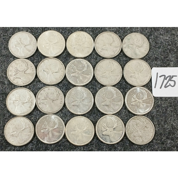 LOT OF 20 - 1942-1968 CDN 25 CENT COINS