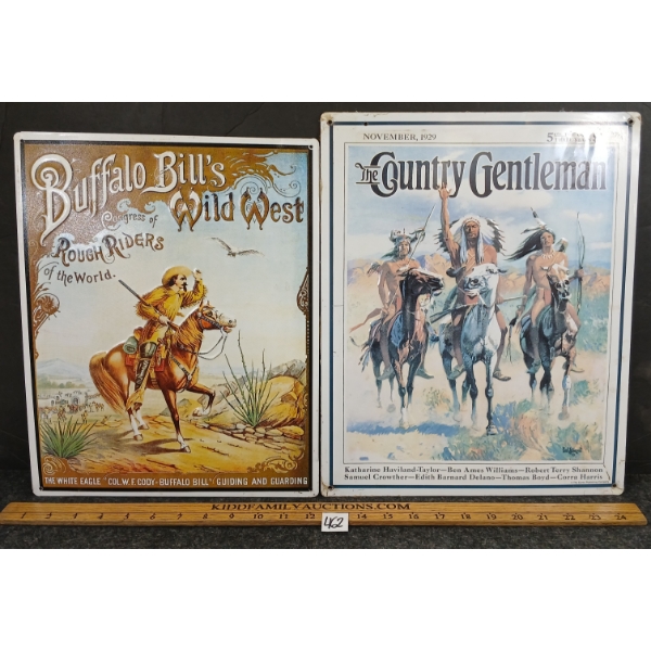 LOT OF 2 - "THE COUNTRY GENTLEMAN" & "BUFFALO BILL'S WILD WEST" SST EMBOSSED SIGNS
