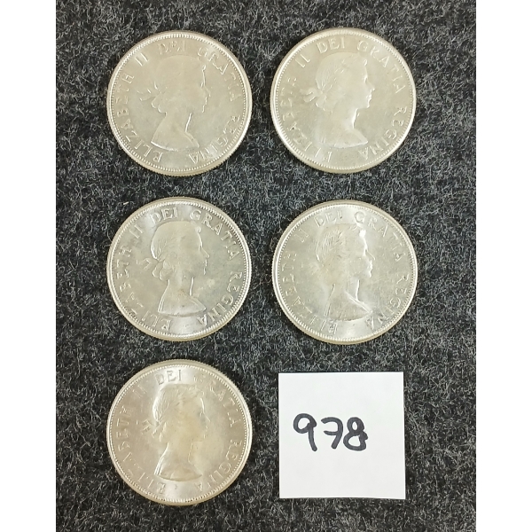 LOT OF 5 - 1962 CDN 50 CENT SILVER COINS