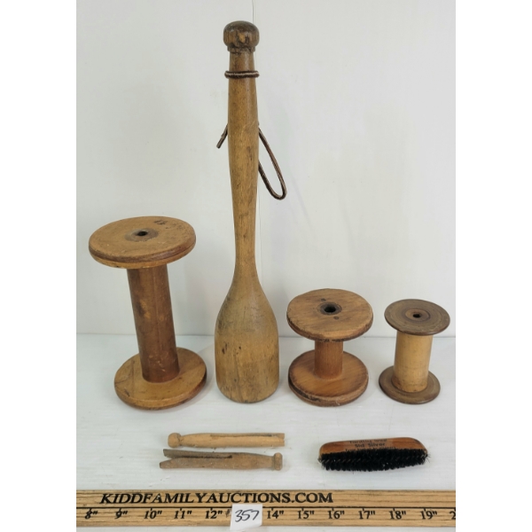 LOT OF 7 - PRIMITIVE MASHING TOOL, BOBBINS, CLOTHES PINS & SID SILVER FORMAL BRUSH