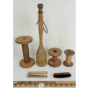 LOT OF 7 - PRIMITIVE MASHING TOOL, BOBBINS, CLOTHES PINS & SID SILVER FORMAL BRUSH